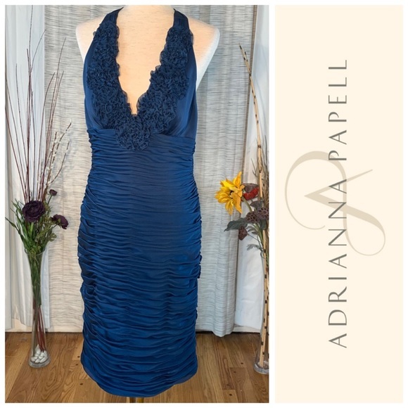 Adrianna Papell Dresses & Skirts - Adrianna Papell solid blue gathered halter styled evening party dress.